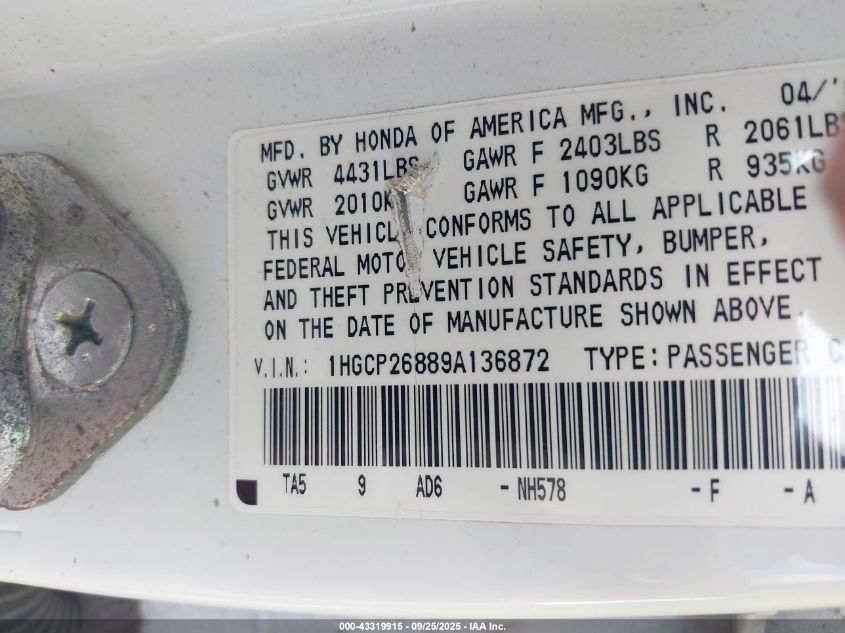 2009 Honda Accord 2.4 Ex-L VIN: 1HGCP26889A136872 Lot: 43319915