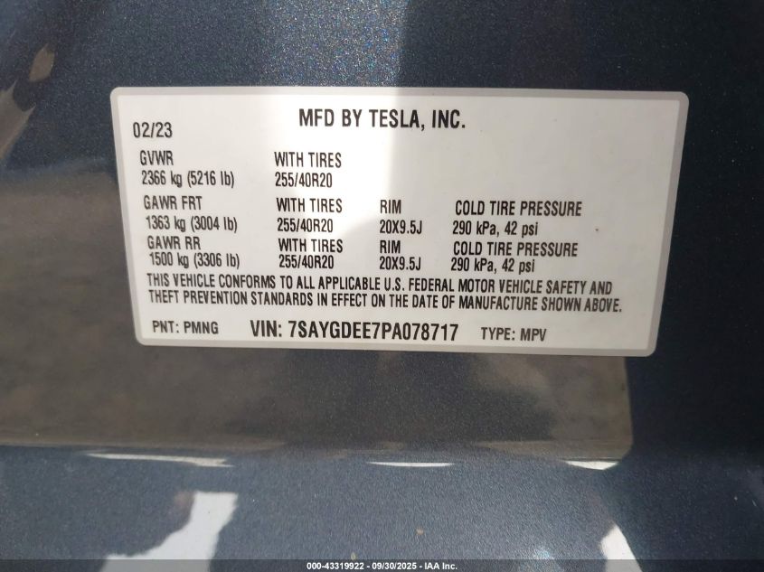 2023 Tesla Model Y Awd/Long Range Dual Motor All-Wheel Drive VIN: 7SAYGDEE7PA078717 Lot: 43319922