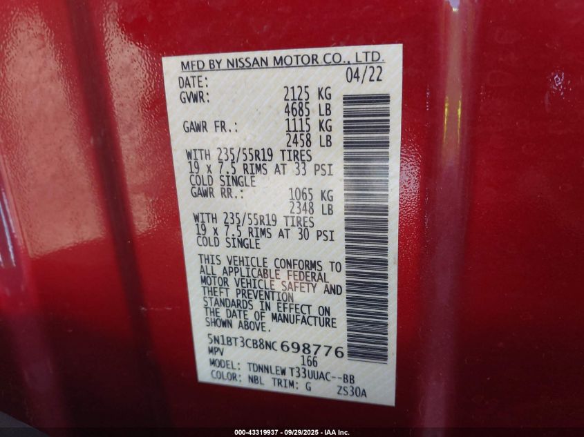 2022 Nissan Rogue Sl Intelligent Awd VIN: 5N1BT3CB8NC698776 Lot: 43319937