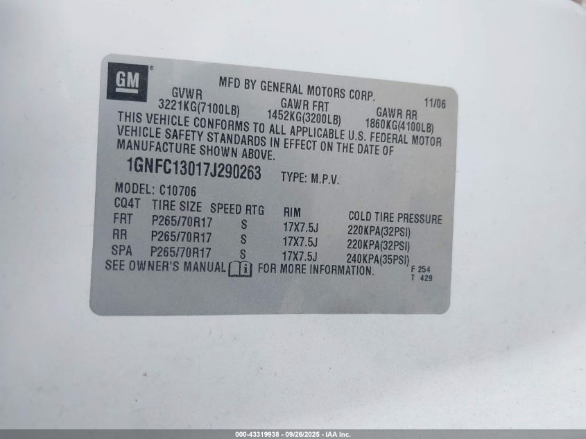 2007 Chevrolet Tahoe Lt VIN: 1GNFC13017J290263 Lot: 43319938