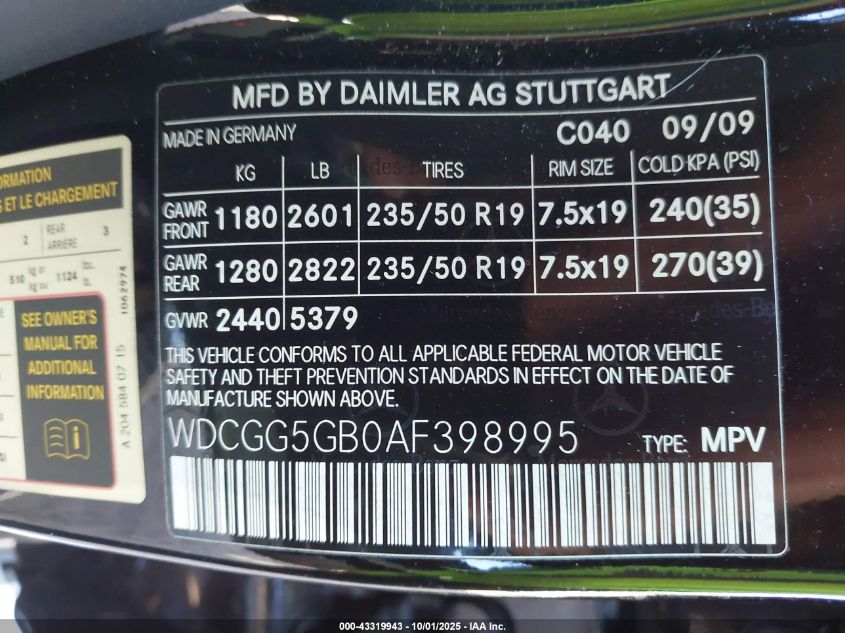 2010 Mercedes-Benz Glk 350 VIN: WDCGG5GB0AF398995 Lot: 43319943