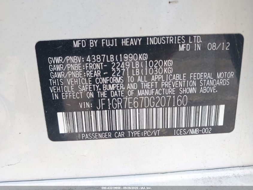 2013 Subaru Impreza Wrx VIN: JF1GR7E67DG207160 Lot: 43319958