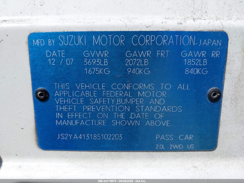 2008 Suzuki Sx4 Convenience Regional Edition/Regional Edition/Touring 2 Regional Edition VIN: JS2YA413185102203 Lot: 43319970