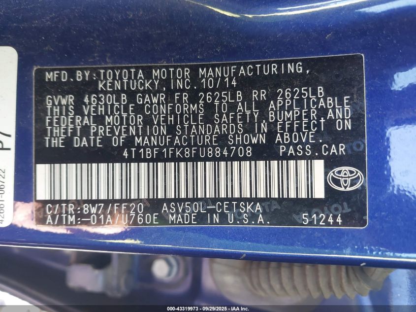 2015 Toyota Camry Se VIN: 4T1BF1FK8FU884708 Lot: 43319973