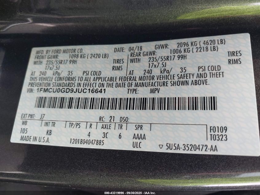 2018 Ford Escape Se VIN: 1FMCU0GD9JUC16641 Lot: 43319996