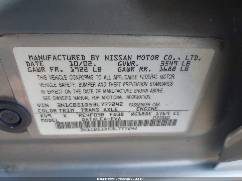 2003 Nissan Sentra Xe VIN: 3N1CB51D53L777242 Lot: 43319998