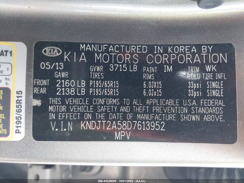 2013 Kia Soul VIN: KNDJT2A58D7613952 Lot: 43320000