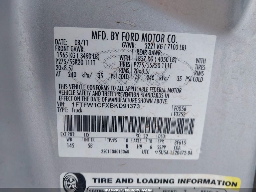 2011 Ford F-150 Fx2 VIN: 1FTFW1CFXBKD91373 Lot: 43320002