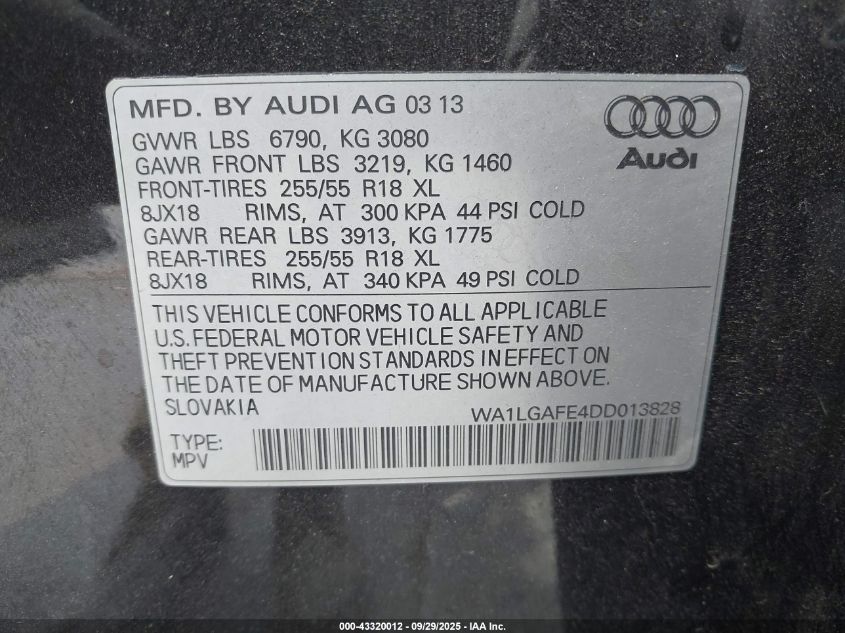 2013 Audi Q7 3.0T Premium VIN: WA1LGAFE4DD013828 Lot: 43320012