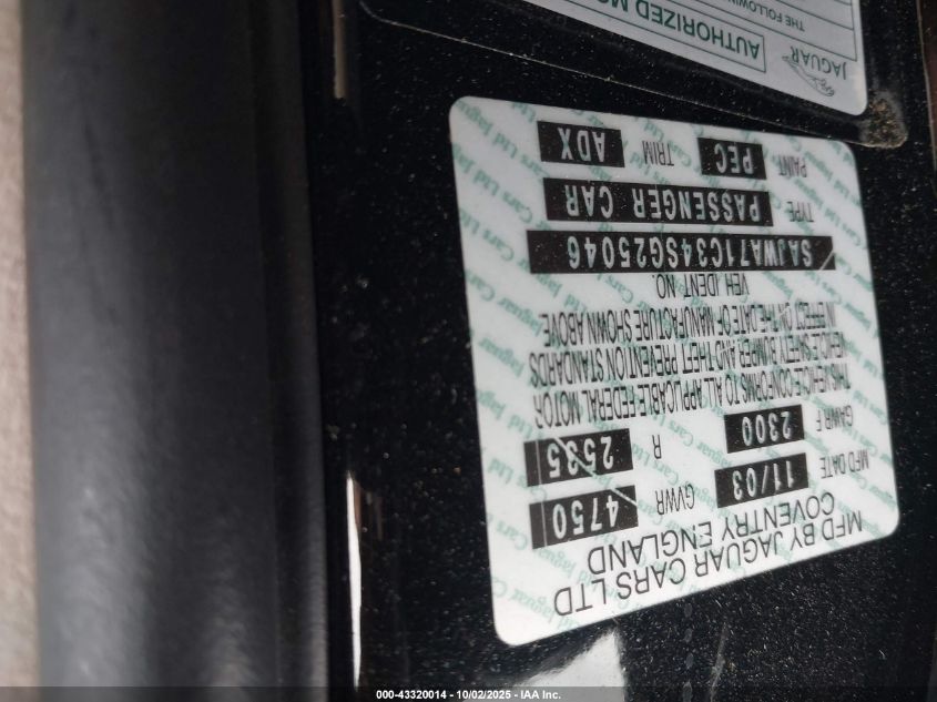 2004 Jaguar Xj Xj8 VIN: SAJWA71C34SG25046 Lot: 43320014