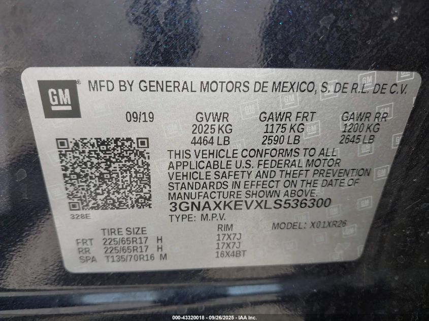 2020 Chevrolet Equinox Fwd Lt 1.5L Turbo VIN: 3GNAXKEVXLS536300 Lot: 43320018