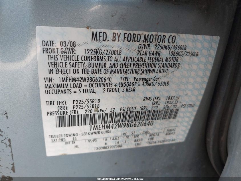 2008 Mercury Sable Premier VIN: 1MEHM42W98G620640 Lot: 43320024