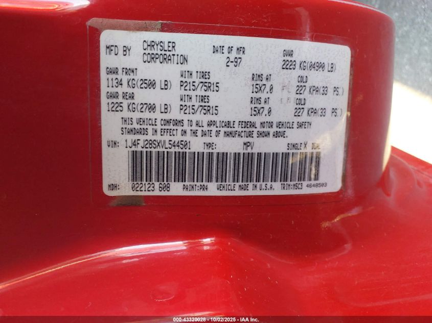 1997 Jeep Cherokee Se VIN: 1J4FJ28SXVL544501 Lot: 43320028