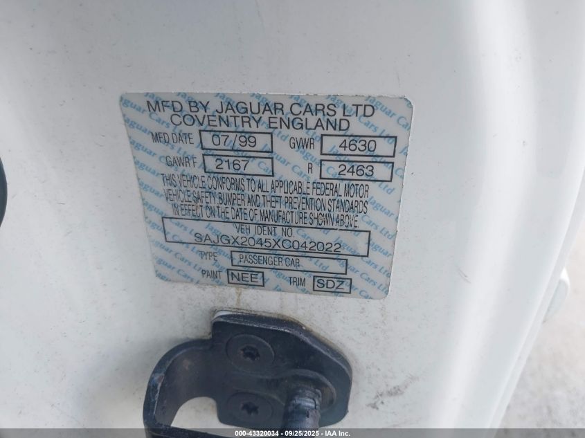 1999 Jaguar Xk8 VIN: SAJGX2045XC042022 Lot: 43320034