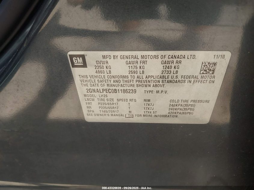 2011 Chevrolet Equinox 2Lt VIN: 2GNALPEC0B1186239 Lot: 43320039