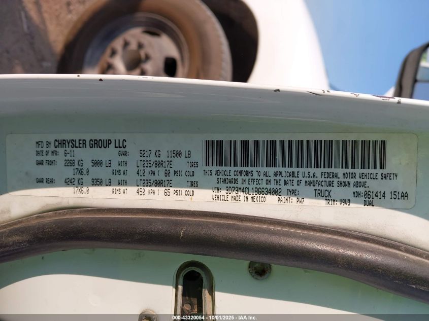 2011 Ram Ram 3500 St VIN: 3D73M4CL1BG634002 Lot: 43320054
