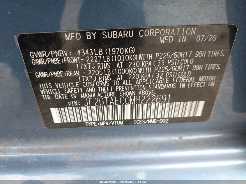 2021 Subaru Crosstrek Premium VIN: JF2GTAEC0MH222691 Lot: 43320058