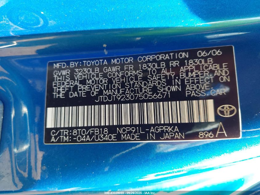 2007 Toyota Yaris VIN: JTDJT923075056671 Lot: 43320059