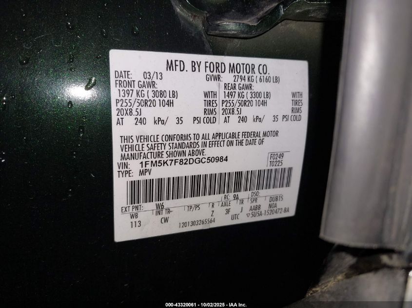 2013 Ford Explorer Limited VIN: 1FM5K7F82DGC50984 Lot: 43320061