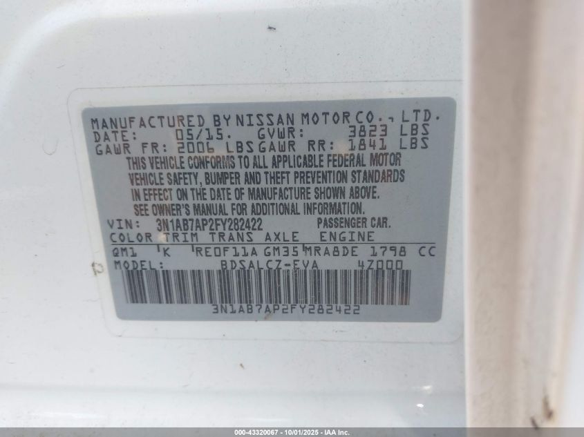 2015 Nissan Sentra S VIN: 3N1AB7AP2FY282422 Lot: 43320067