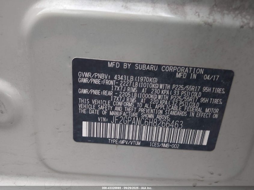 2017 Subaru Crosstrek 2.0I Limited VIN: JF2GPANC6H8266463 Lot: 43320069