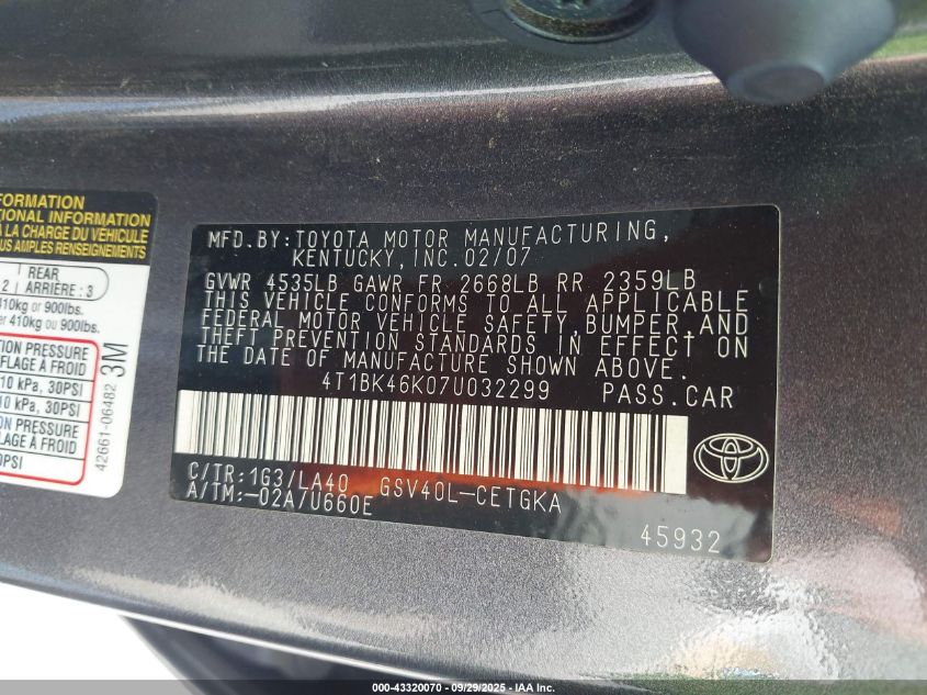 2007 Toyota Camry Xle V6 VIN: 4T1BK46K07U032299 Lot: 43320070