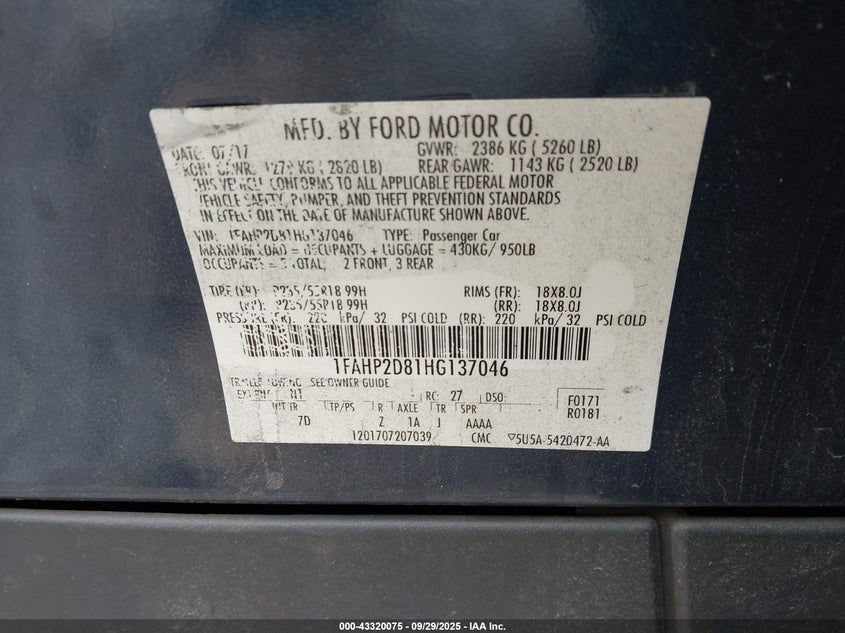 2017 FORD TAURUS SE - 1FAHP2D81HG137046