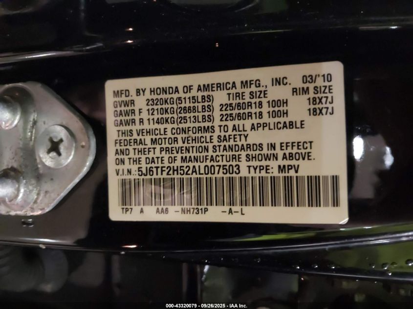 2010 Honda Accord Crosstour Ex-L VIN: 5J6TF2H52AL007503 Lot: 43320079