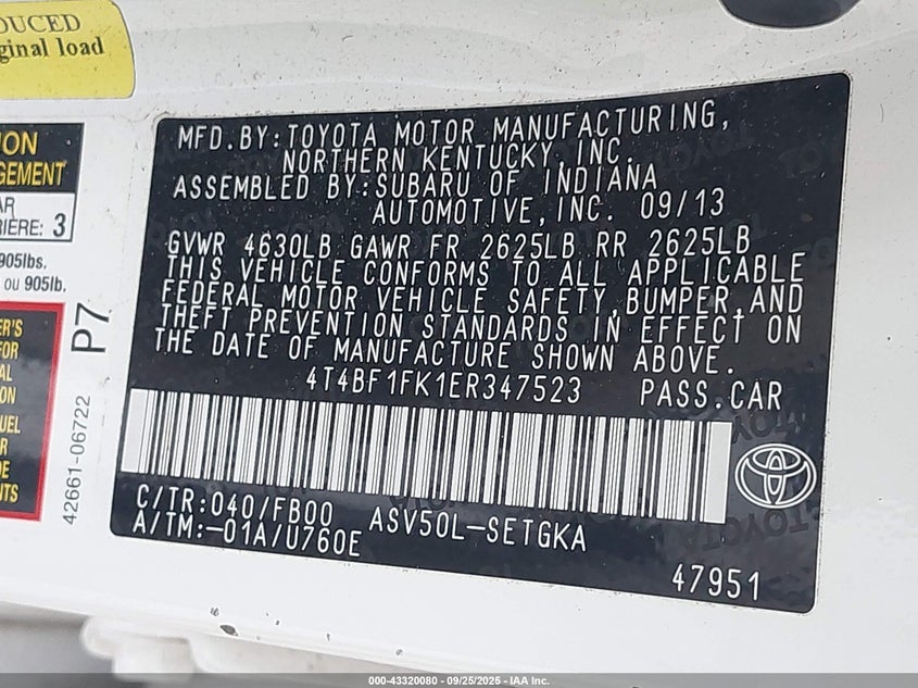 2014 TOYOTA CAMRY XLE 4T4BF1FK1ER347523