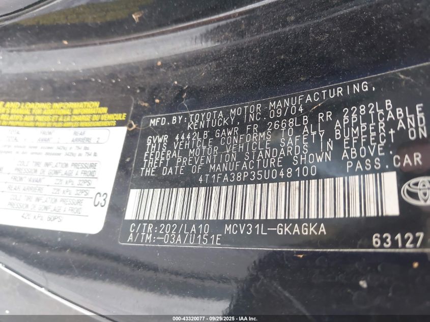 2005 Toyota Camry Solara Sle VIN: 4T1FA38P35U048100 Lot: 43320077