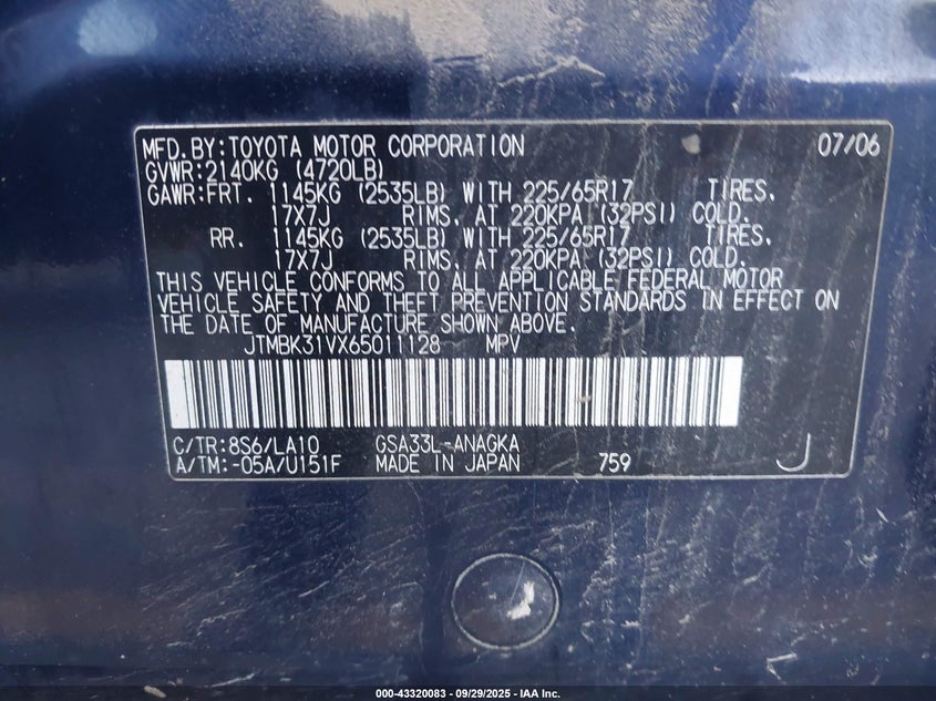 2006 Toyota Rav4 Limited V6 VIN: JTMBK31VX65011128 Lot: 43320083