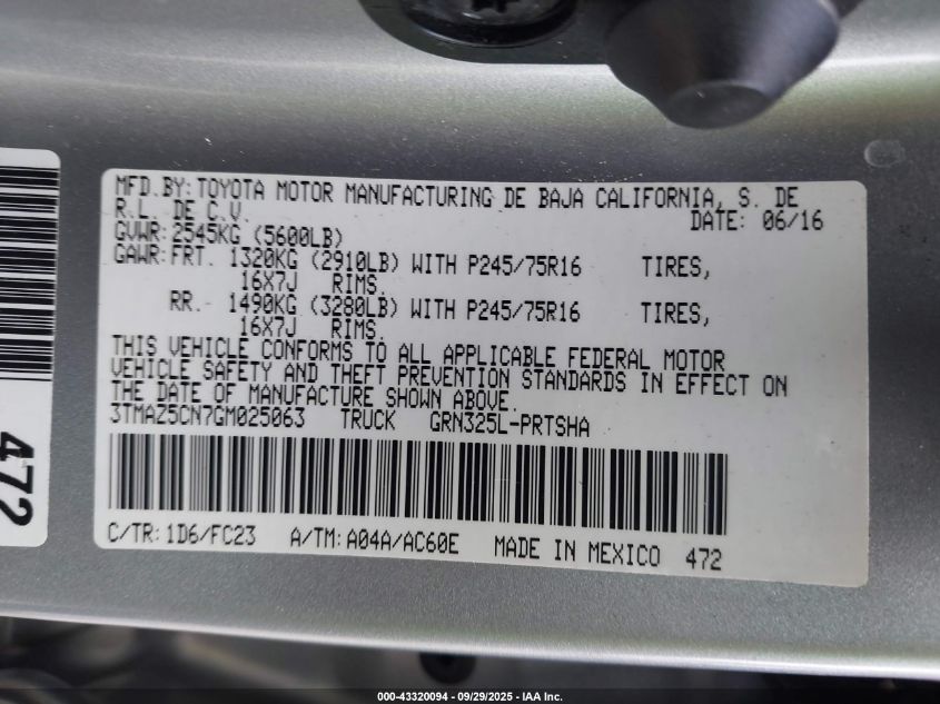 2016 Toyota Tacoma Sr5 V6 VIN: 3TMAZ5CN7GM025063 Lot: 43320094