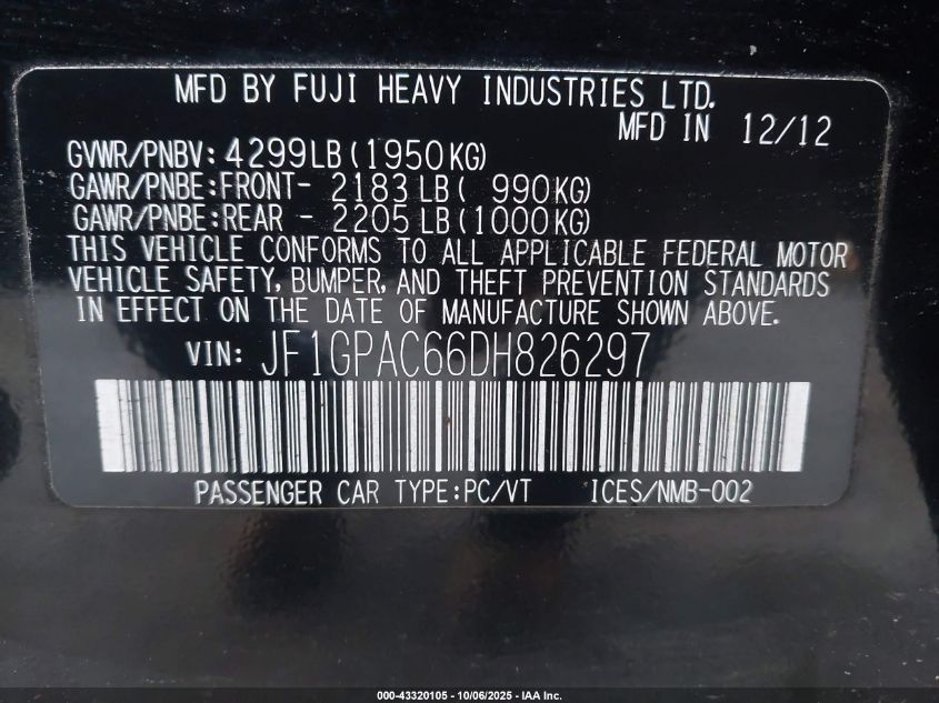 2013 Subaru Impreza 2.0I Premium VIN: JF1GPAC66DH826297 Lot: 43320105