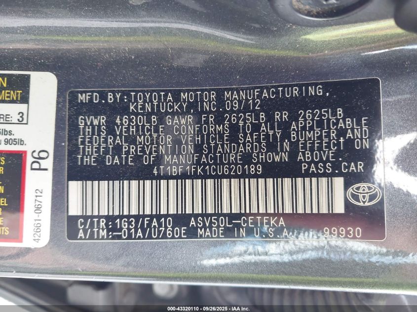 2012 Toyota Camry L VIN: 4T1BF1FK1CU620189 Lot: 43320110