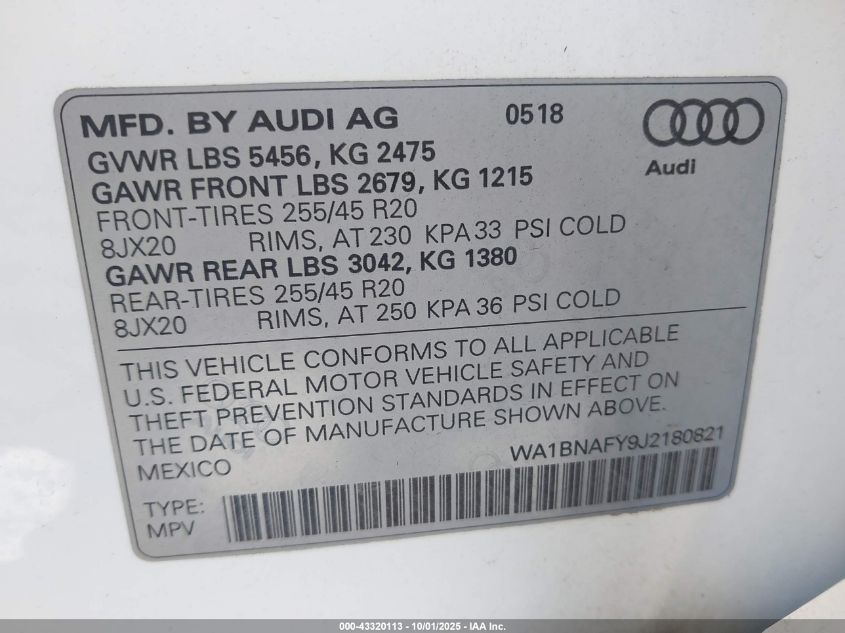 2018 Audi Q5 2.0T Premium/2.0T Tech Premium VIN: WA1BNAFY9J2180821 Lot: 43320113