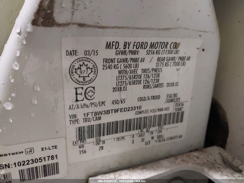 2015 Ford F-350 Lariat VIN: 1FT8W3BT9FED23310 Lot: 43320115