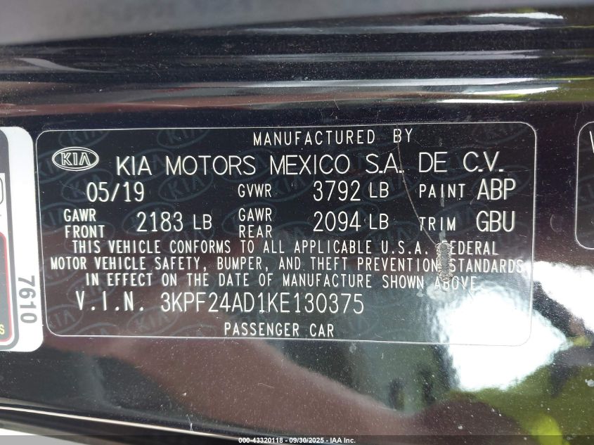 2019 Kia Forte Lxs VIN: 3KPF24AD1KE130375 Lot: 43320118