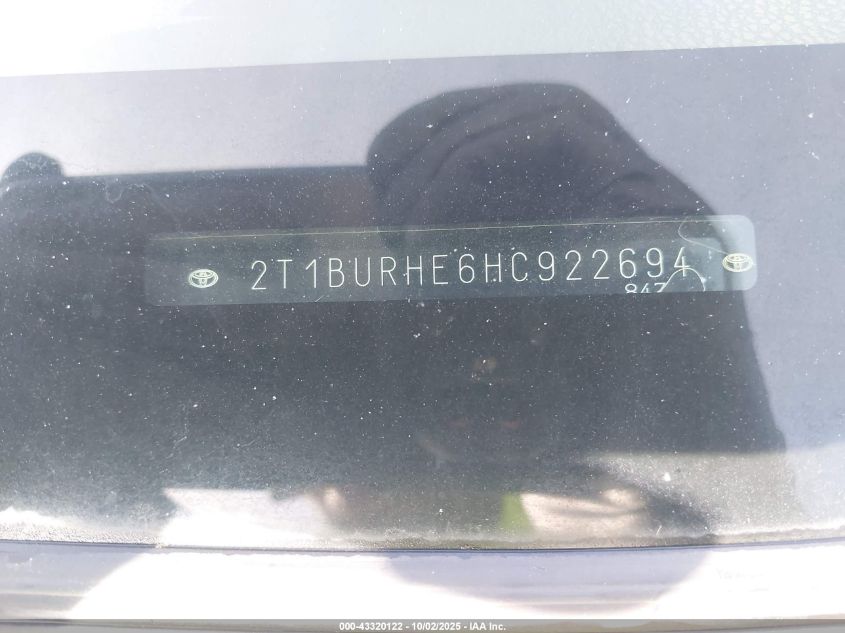 2017 Toyota Corolla L VIN: 2T1BURHE6HC922694 Lot: 43320122