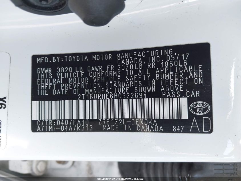 2017 Toyota Corolla L VIN: 2T1BURHE6HC922694 Lot: 43320122