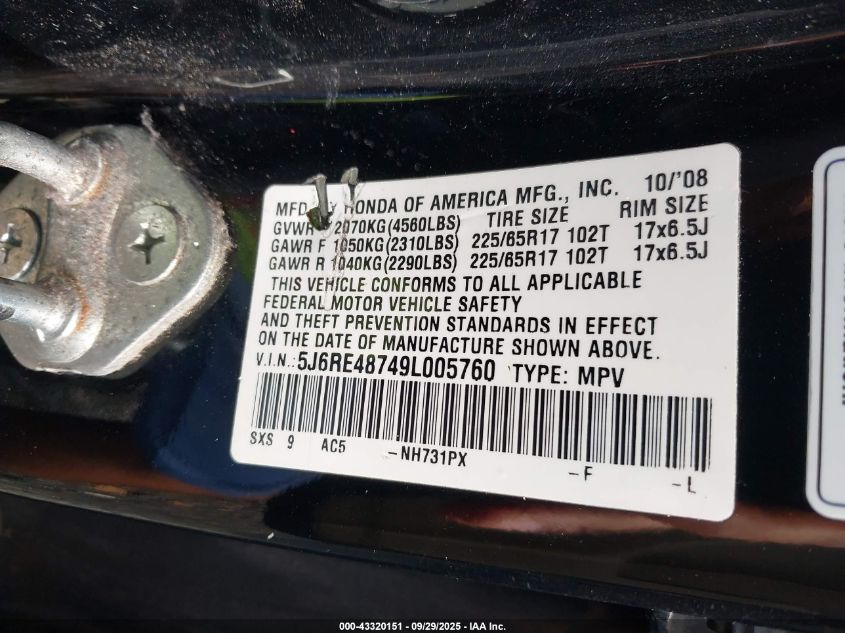 2009 Honda Cr-V Ex-L VIN: 5J6RE48749L005760 Lot: 43320151