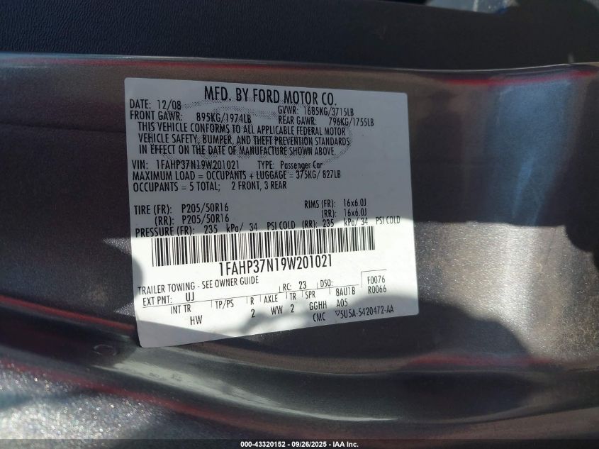 2009 Ford Focus Sel VIN: 1FAHP37N19W201021 Lot: 43320152