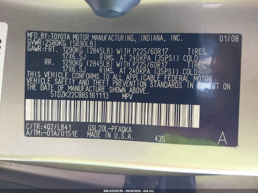 2008 Toyota Sienna Limited VIN: 5TDZK22C88S161113 Lot: 43320159