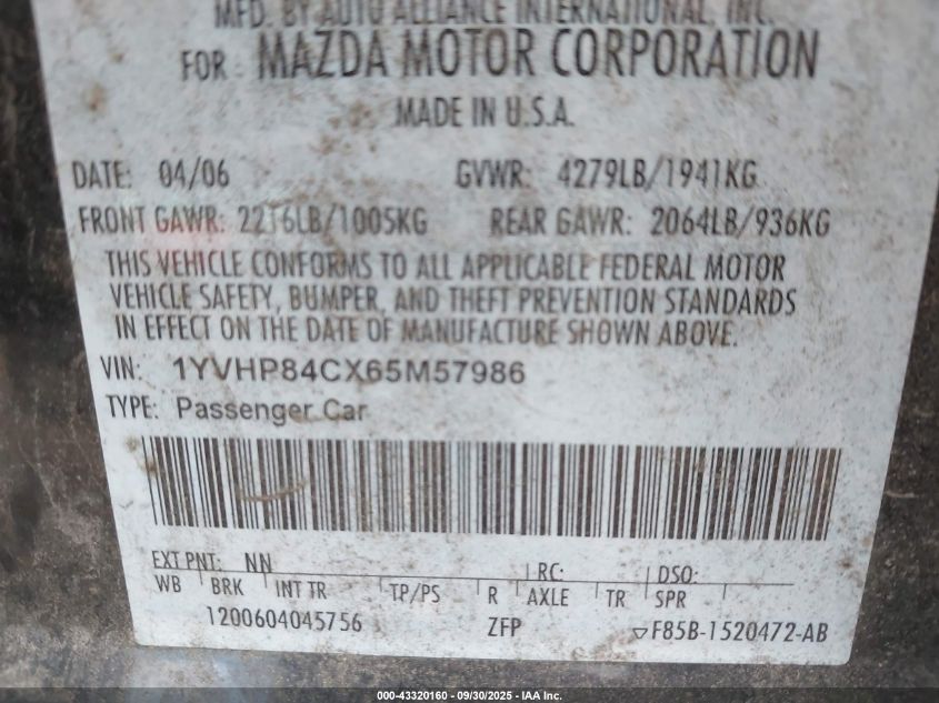 2006 Mazda Mazda6 I Sport VIN: 1YVHP84CX65M57986 Lot: 43320160