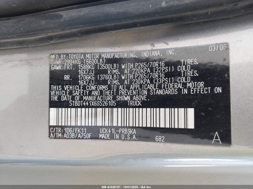 2006 Toyota Tundra Sr5 V8 VIN: 5TBDT441X6S526105 Lot: 43320157