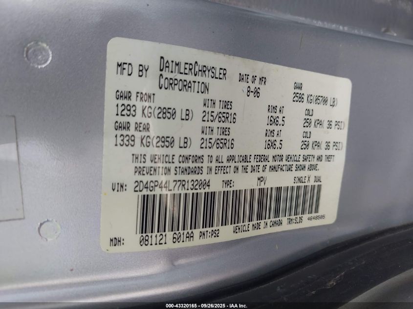 2007 Dodge Grand Caravan Sxt VIN: 2D4GP44L77R132004 Lot: 43320165