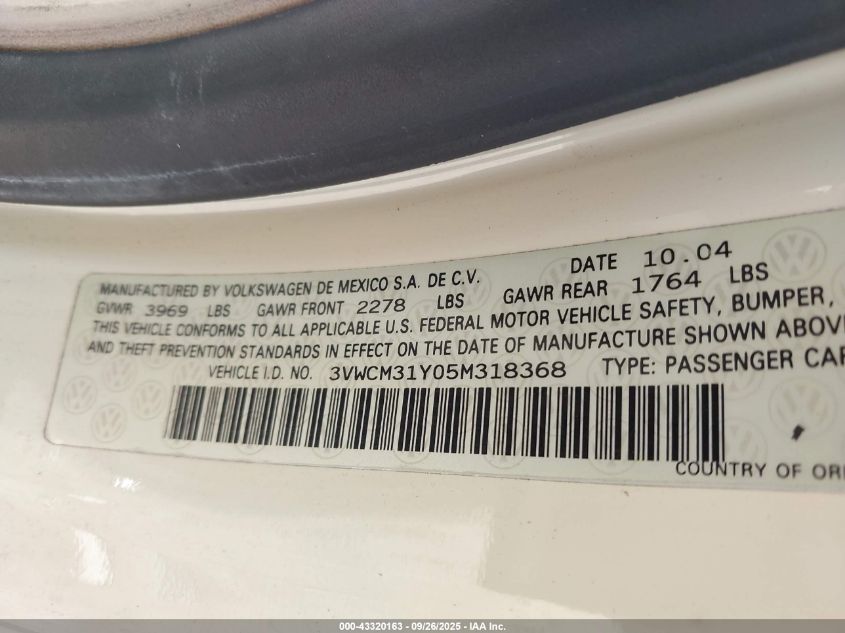 2005 Volkswagen New Beetle Gls VIN: 3VWCM31Y05M318368 Lot: 43320163