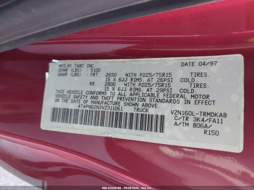 1997 Toyota Tacoma Base V6 VIN: 4TAPN62N3VZ311061 Lot: 43320166