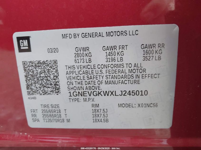 2020 Chevrolet Traverse Awd Lt Cloth VIN: 1GNEVGKWXLJ245010 Lot: 43320176