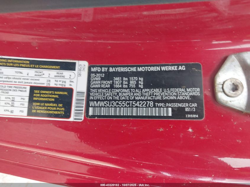 2012 Mini Cooper VIN: WMWSU3C55CT542278 Lot: 43320182