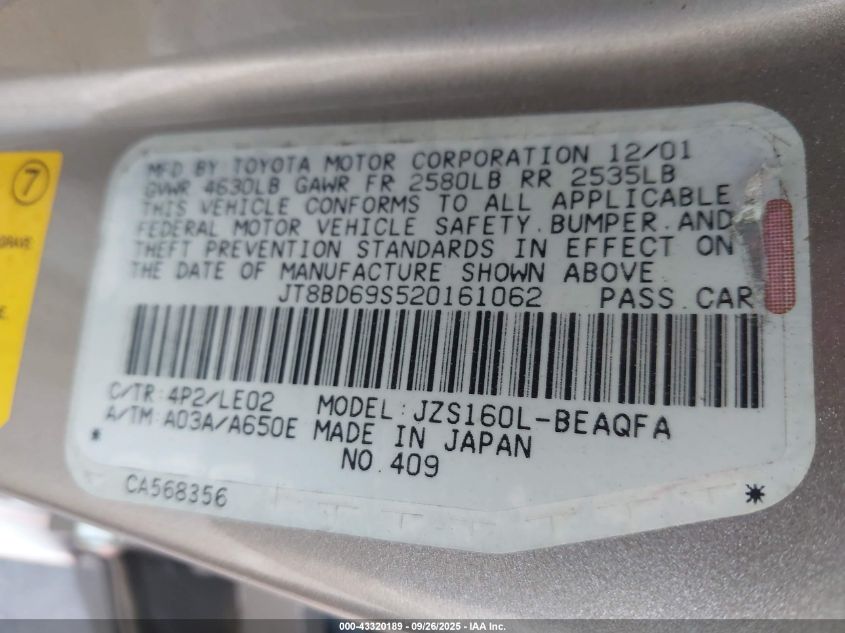 2002 Lexus Gs 300 VIN: JT8BD69S520161062 Lot: 43320189